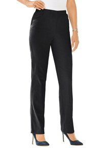 Zwarte elastische broek met een rechte pijpdesign, voorzien van voorzakken en een gladde textuur. Draag het met donkere hakken.