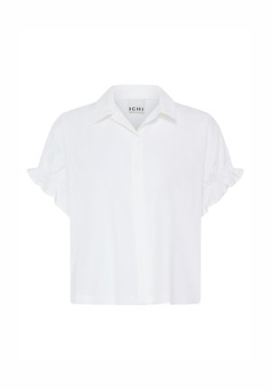 Valge lühikeste varrukatega pluus kraega ja peente volangide detailidega varrukatel, ees nööbitav ja kaelusel sees kaubamärgiga silt.