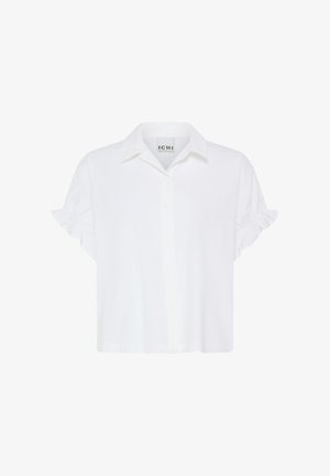 Valge lühikeste varrukatega pluus kraega ja peente volangide detailidega varrukatel, ees nööbitav ja kaelusel sees kaubamärgiga silt.