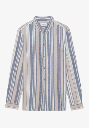Button-up shirt with long sleeves, featuring vertical stripes in blue, beige, and white. Made of a textured fabric, with a collar and metal buttons.