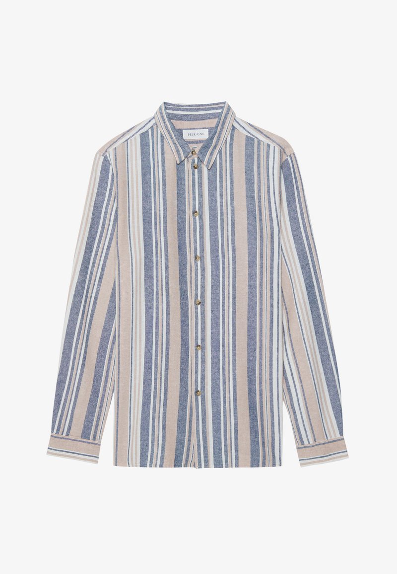 Πουκάμισο με κουμπιά, μακρυμάνικο, με κάθετες ρίγες σε μπλε, μπεζ και λευκό. Φτιαγμένο από υφασμάτινη υφή, με γιακά και μεταλλικά κουμπιά.