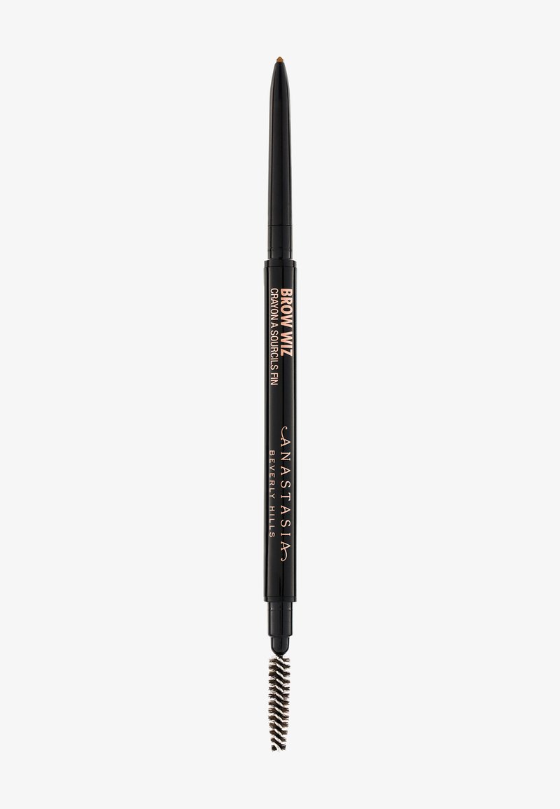 Brow Wiz pencil, black casing, fine tip for precise application, includes a spoolie brush for blending, features brand name in metallic lettering.