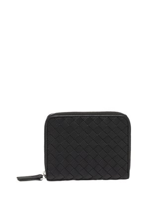 Black leather wallet with woven texture, rectangular shape, and zipper closure. Features a small leather tag on the side.