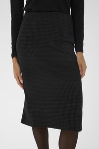 Must tekstuuriga must pliiatsseelik väikese ruudumustriga, millel on keha järgnev siluett ja keskmise pikkusega lõige.