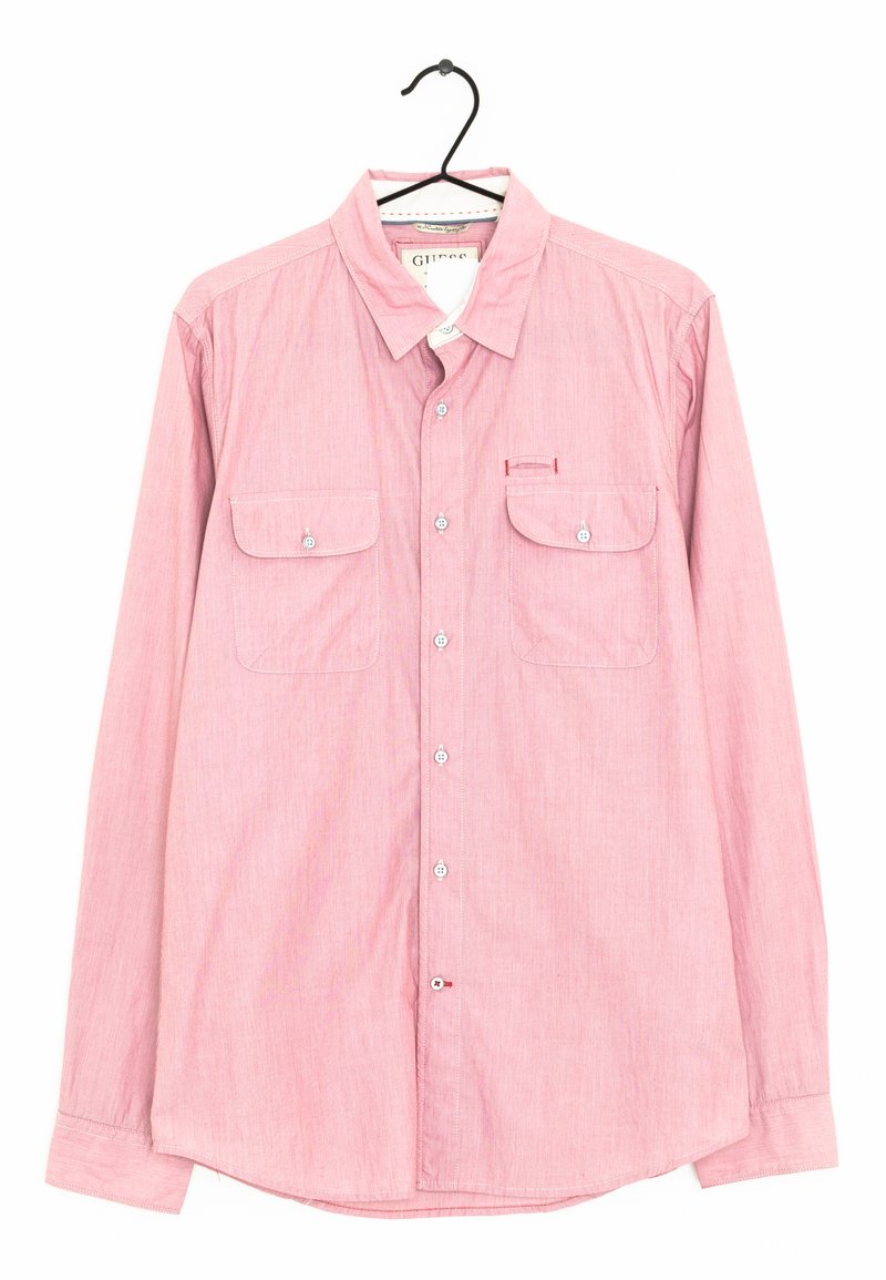 Camicia rossa con bottoni, maniche lunghe, due tasche sul petto e colletto. Presenta un tessuto testurizzato e bottoni bianchi.