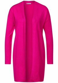 Cardigan long rose vif, avec un design à ouverture frontale, des accents côtelés aux manches, confectionné dans un tissu tricoté doux et léger.