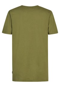 T-shirt uni vert olive à manches courtes, vu de dos, avec un col rond et sans logos ni motifs visibles.