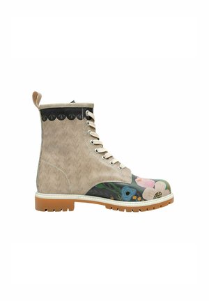 Beige leather ankle boot with floral designs featuring pink and blue flowers, gray accents, lace-up closure, and rubber sole.