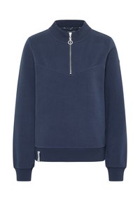 Felpa blu navy con colletto alto e zip a ¼, caratterizzata da un design a chevron sul davanti, con polsini e orlo a righe.