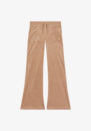 Pantalons larges en velours beige avec une surface texturée, taille avec cordon de serrage et quincaillerie dorée, et deux poches avant.