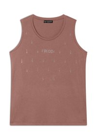 Top sin mangas de color rosa hecho de tela suave, con el texto "FREDDY" y detalles de piedras brillantes dispersos en la parte delantera.