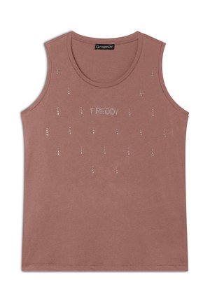 Top sin mangas de color rosa hecho de tela suave, con el texto "FREDDY" y detalles de piedras brillantes dispersos en la parte delantera.