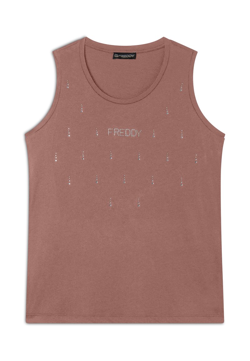 Top sin mangas de color rosa hecho de tela suave, con el texto "FREDDY" y detalles de piedras brillantes dispersos en la parte delantera.