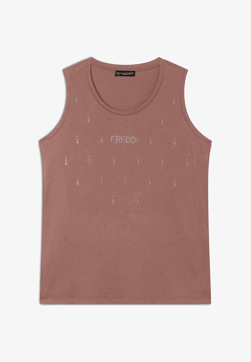 Top sin mangas de color rosa hecho de tela suave, con el texto "FREDDY" y detalles de piedras brillantes dispersos en la parte delantera.