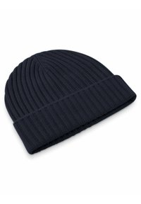 Berretto lavorato a maglia blu navy con una texture a coste e un risvolto. Realizzato in tessuto morbido, presenta una vestibilità aderente adatta per il freddo.