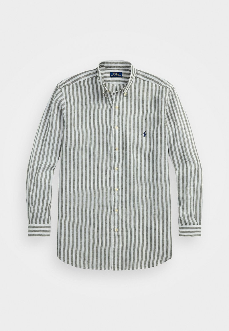 Prugasta srajca z gumbi v svetlo sivi in temno zeleni barvi; ima ovratnik, dolge rokave in majhen logotip na levem prsnem delu.