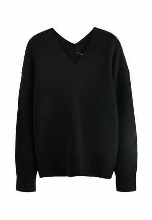 Sort strikket sweater med V-udskæring, der har ribbet tekstur og dropped skuldre. Stoffet er blødt og tykt, hvilket skaber en afslappet pasform.