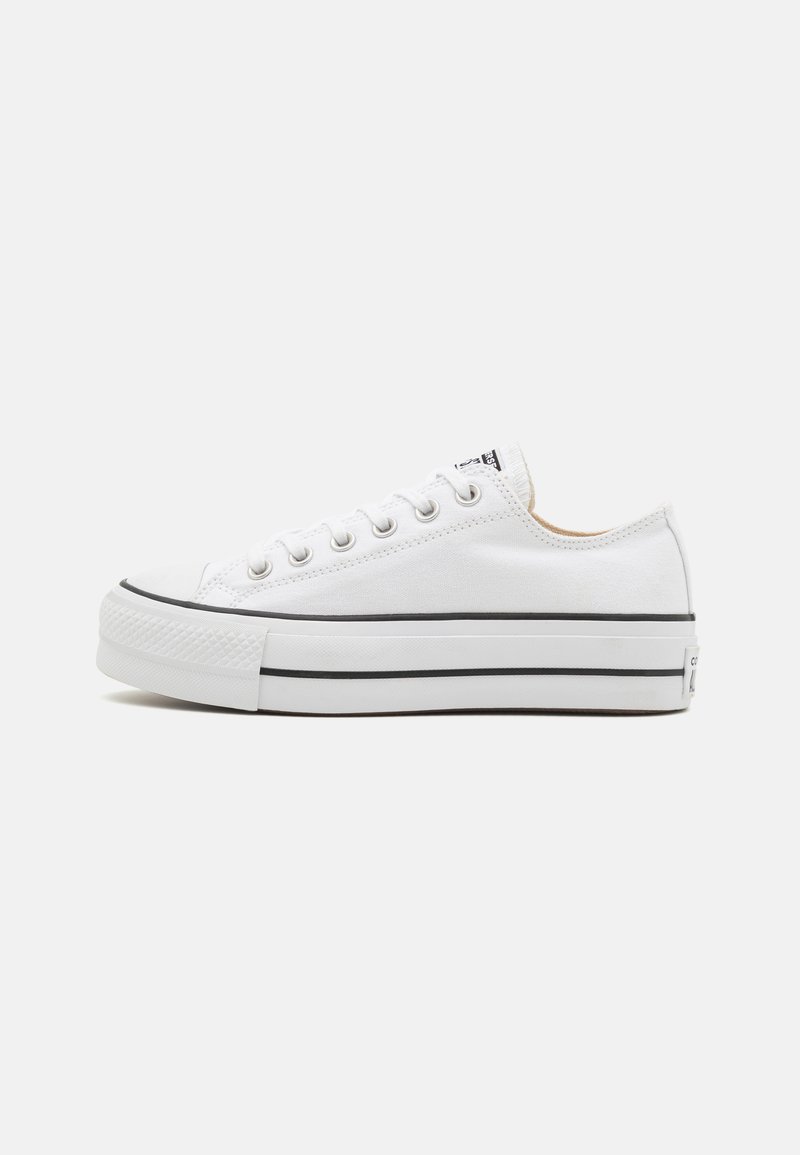 Tenis de lona brancos com um design de cano baixo, biqueira redonda, ilhós metálicos, riscas pretas ao longo da sola e sola de borracha texturizada.