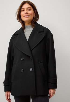 Black double-breasted peacoat with large lapels, button details, and side pockets. Made from a textured wool blend fabric.