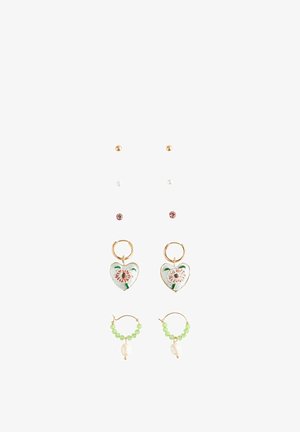 Six pairs of stud and hoop earrings including gold balls, white pearls, pink gems, heart-shaped floral charms, and green beaded hoops with pearls.