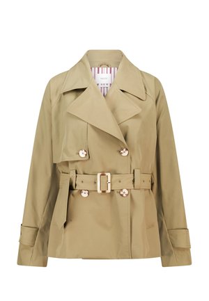 Trench-coat beige à double boutonnage, grand col, taille ceinturée et boutons brillants dorés. Intérieur en tissu rayé.