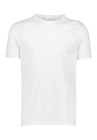 Valkoinen lyhythihainen t-paita, joka on valmistettu puuvillasta. Siinä on klassinen pyöreä pääntie ja sileä, tasainen pintastruktuuri. Ei kuvioita tai koristeita.