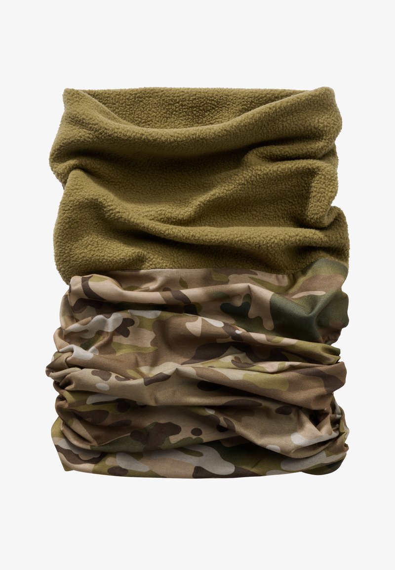 Fleece halsvarmer i olivengrønn øverste del, med en camo-mønstrete nederste del i nyanser av brunt, grønt og beige. Glatt tekstur.