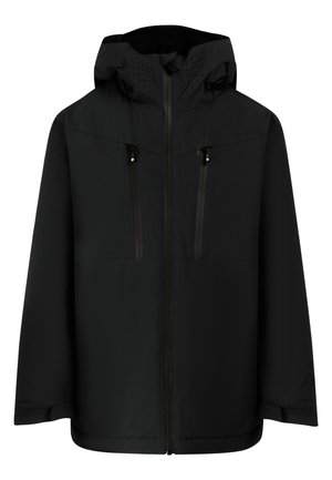 Veste noire imperméable à capuche avec fermeture éclair à l'avant, deux poches poitrine verticales zippées et sangles réglables aux poignets.