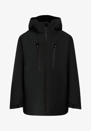 Black waterproof hooded jacket with front zipper, two vertical zippered chest pockets, and adjustable wrist straps.