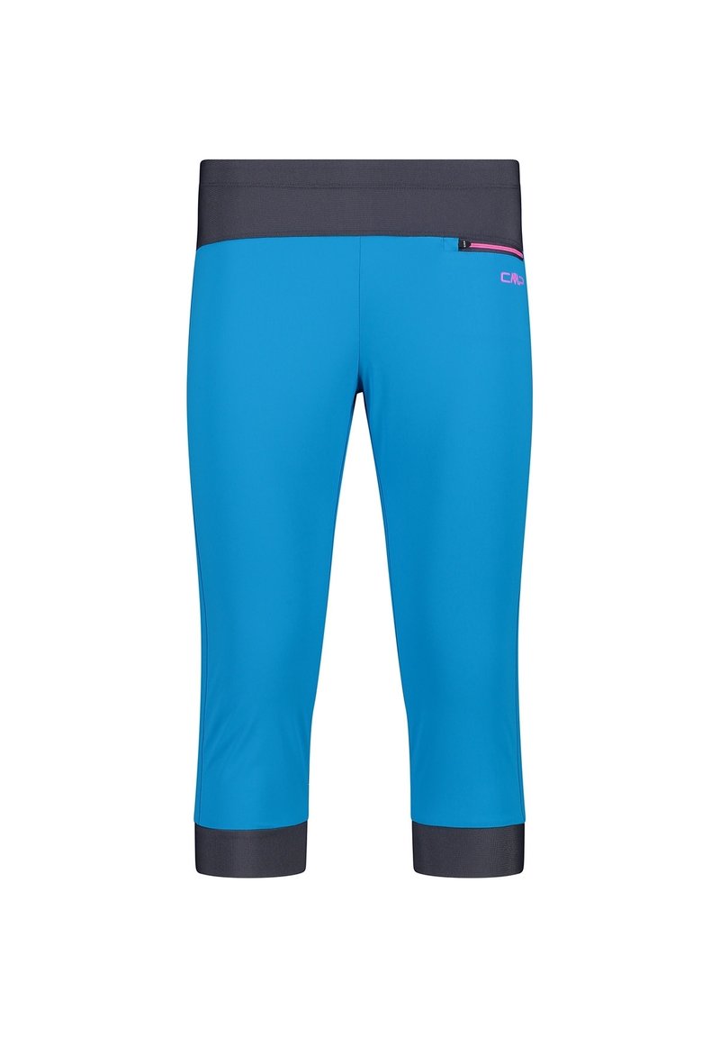 Helle blaue Stretch-Caprihosen mit einem dunkelgrauen Bund und Bündchen. Sie verfügen über eine kleine Tasche mit einem pinkfarbenen Akzent-Logo. Glatte Textur.