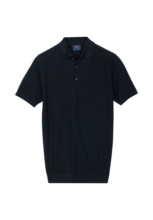 Black short-sleeve polo shirt with three buttons, subtle vertical textured pattern, and ribbed hem and sleeve cuffs.