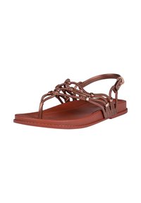 Bronzefarbene Sandalen mit einer strukturierten Sohle, kunstvoll geflochtenen Riemen und einem schmalen Knöchelriemen für sicheren Halt. Flaches Design.