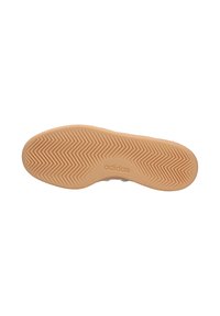Adidas sneaker sole in tan rubber, featuring a textured herringbone pattern, with a logo printed on the arch area.