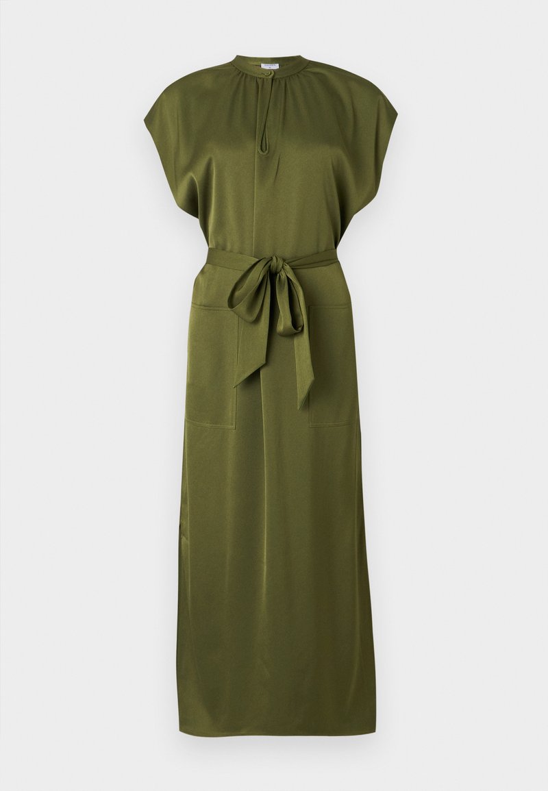Olive green, knee-length dress made of smooth fabric with a round neckline, short sleeves, tied waist, and two front pockets.