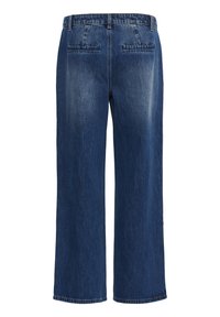 Pantalones vaqueros de mezclilla azul oscuro con un ajuste relajado, que cuentan con una cintura alta, dos bolsillos traseros y un diseño de pierna recta.