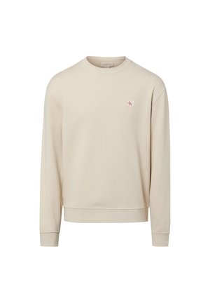 Sweat-shirt beige à manches longues avec col rond et petit logo CK rouge et blanc sur la poitrine gauche.