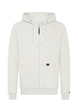 Hele hallikas tõmblukuga kapuutsiga jakki, millel on tekstuuriga fliisviimistlus, reguleeritav kapuuts ja väike brändiplekk eesmisel taskul.