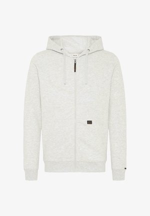 Light gray zip-up hoodie with a textured fleece finish, adjustable drawstring hood, and a small brand label on the front pocket.