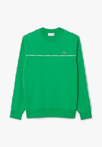 Grøn sweatshirt med ribbet rund hals, lange ærmer og kontrasterende hvid logo-bånd detaljer på skuldrene. Fabrik i bomuldsblanding.