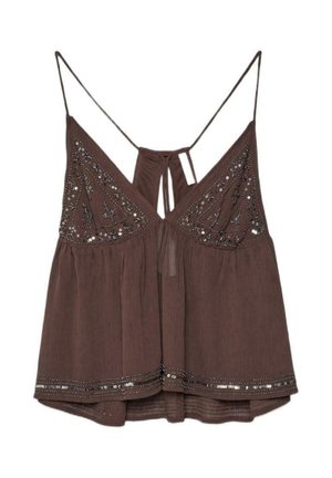 Top marrone senza maniche con spalline sottili, pannelli triangolari ricamati, dettagli di paillettes sul busto e sull'orlo, e un laccio sul retro.