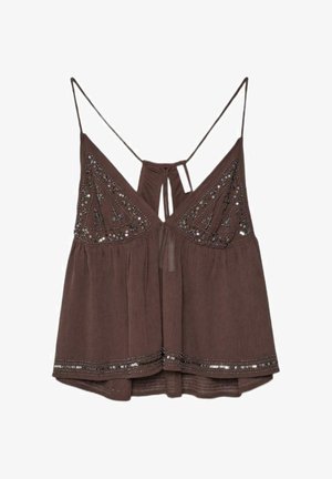 Braunes ärmelloses Top mit dünnen Trägern, bestickten Dreieckspaneelen, Pailletten-Details an Brust und Saum sowie einer Bindung am Rücken.