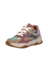 Multikleurige sneaker met metallic groene en roze suède, geperforeerde tan accenten, witte veters en een gestructureerde rubberen gumzool.