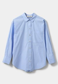 Light blue button-up shirt with white vertical stripes, long sleeves, a collar, and a chest pocket. Smooth cotton fabric with a relaxed fit.