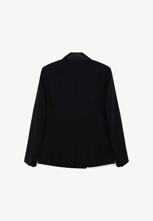 Blazer nero con una texture liscia, design monopetto, colletto con rever e maniche lunghe. La parte posteriore presenta una cucitura centrale per la struttura.