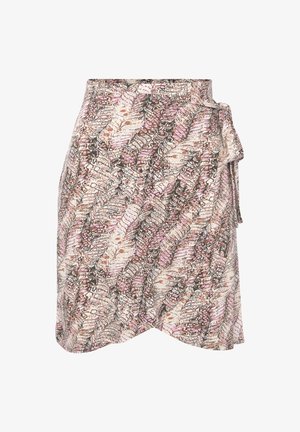 Overslagrok van stof met een roze, beige en bruine bladenpatroon, met een gestrikte taille en een draperende pasvorm.