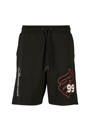 Black cotton shorts with an elastic waistband, drawstring, white script text, and red flame graphic featuring the number 99.