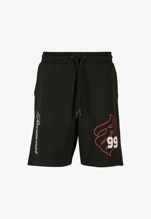 Sorte bomuldsshorts med elastisk talje, snøre, hvid skrifttype og rød flammegrafik med tallet 99.