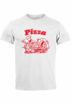 White cotton T-shirt featuring a red graphic of a chef with a pizza, and the word "Pizza" in bold red letters above the design.