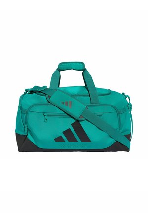 Borsa da sport Adidas verde acqua e nera con più scomparti con cerniera e tracolla regolabile.