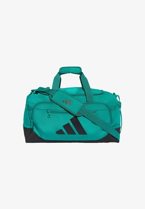 Sinisenvihreä ja musta Adidasin urheilulaukku, jossa on useita vetoketjullisia lokeroita ja säädettävä olkahihna.